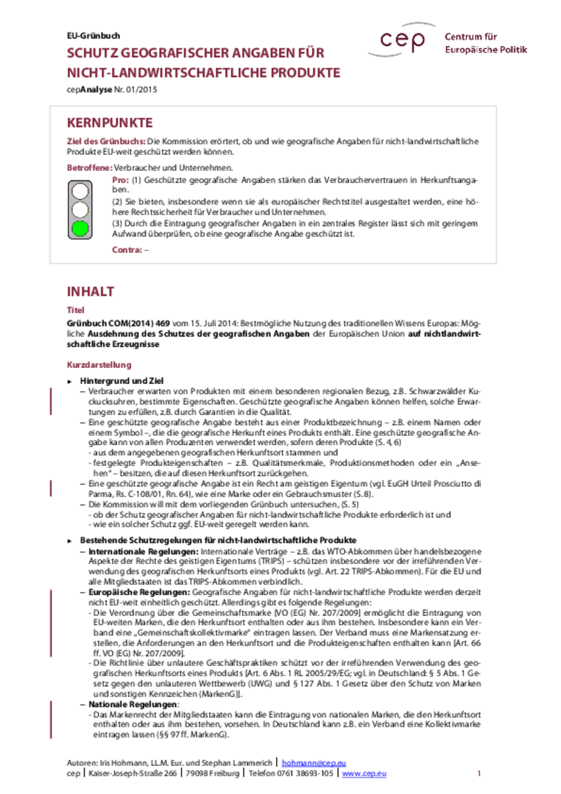Schutz geografischer Angaben für nicht-landwirtschaftliche Produkte COM(2014) 469