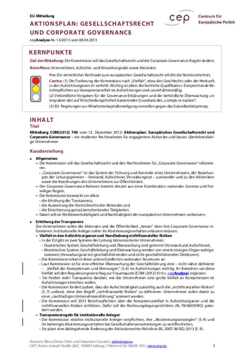 Aktionsplan: Gesellschaftsrecht und Corporate Governance COM(2012) 740