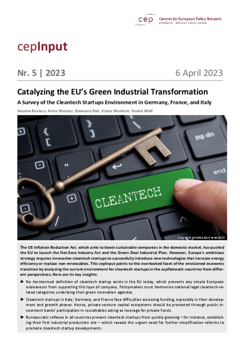 Come catalizzare la trasformazione industriale verde dell'UE? Il caso delle clean tech startup (cepInput)
