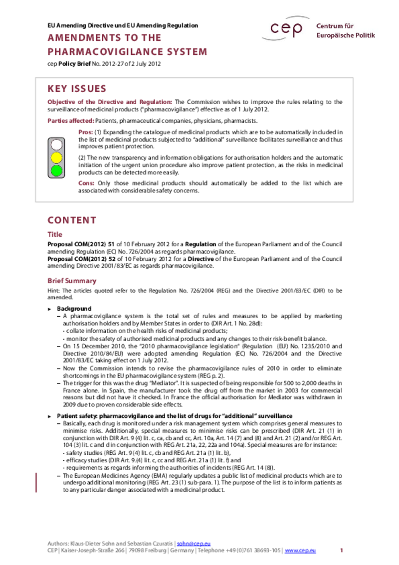 Amendments to the Pharmacovigilance System COM(2012) 51, 52