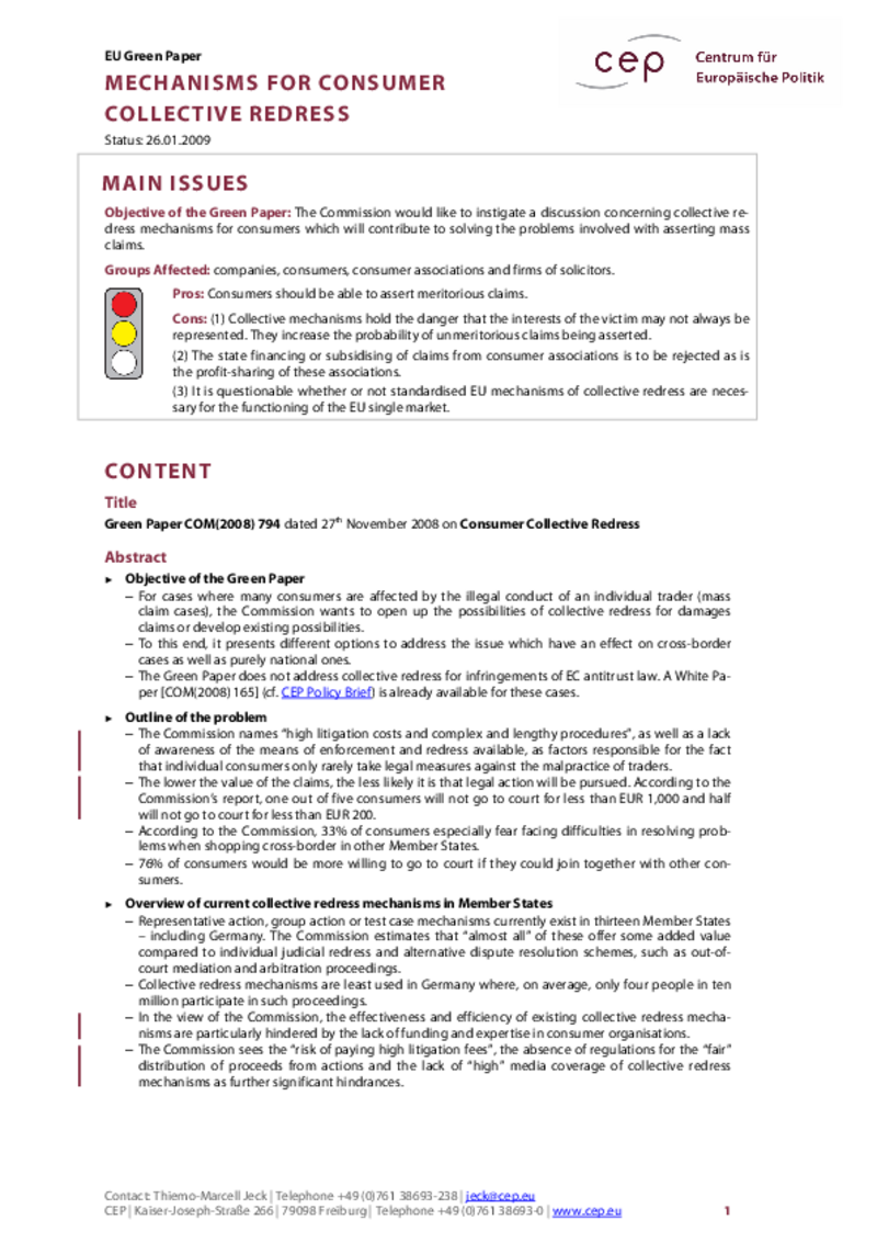 Mechanisms for Consumer Collective Redress COM(2008) 794