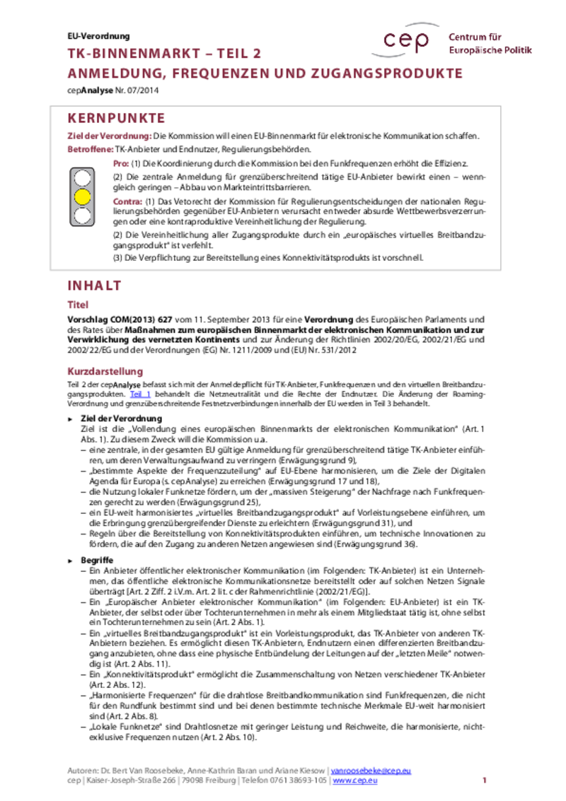 Binnenmarkt für Telekommunikation Teil 2 COM(2013) 627