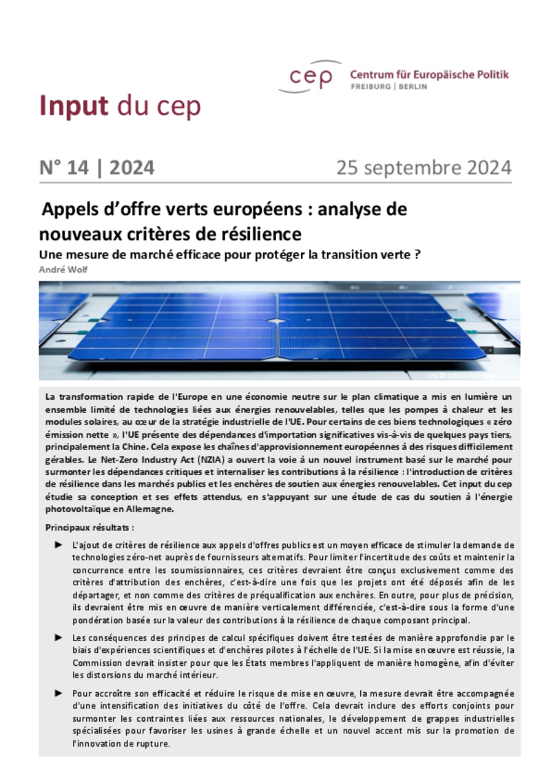 Objectifs climatiques de l'UE : le cep demande des mécanismes d’enchères de résilience pour les technologies vertes