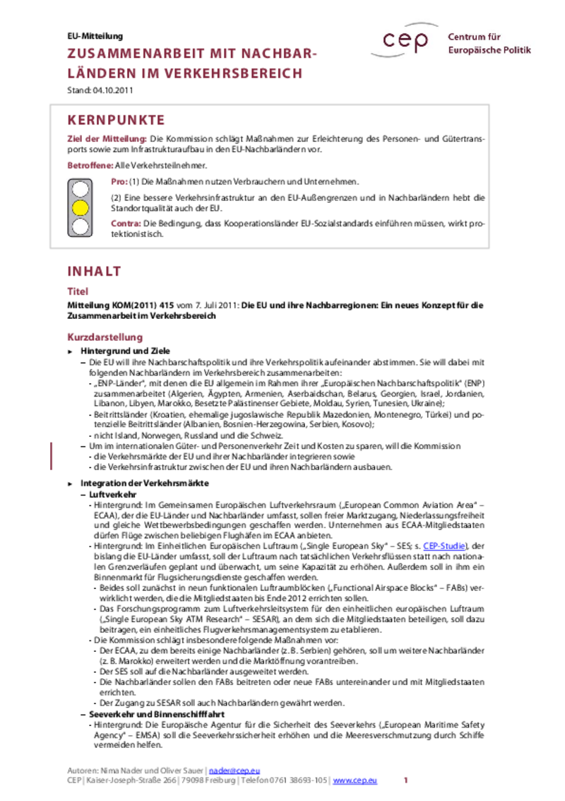 Pan-European Transport Cooperation COM(2011) 415 (in German only)