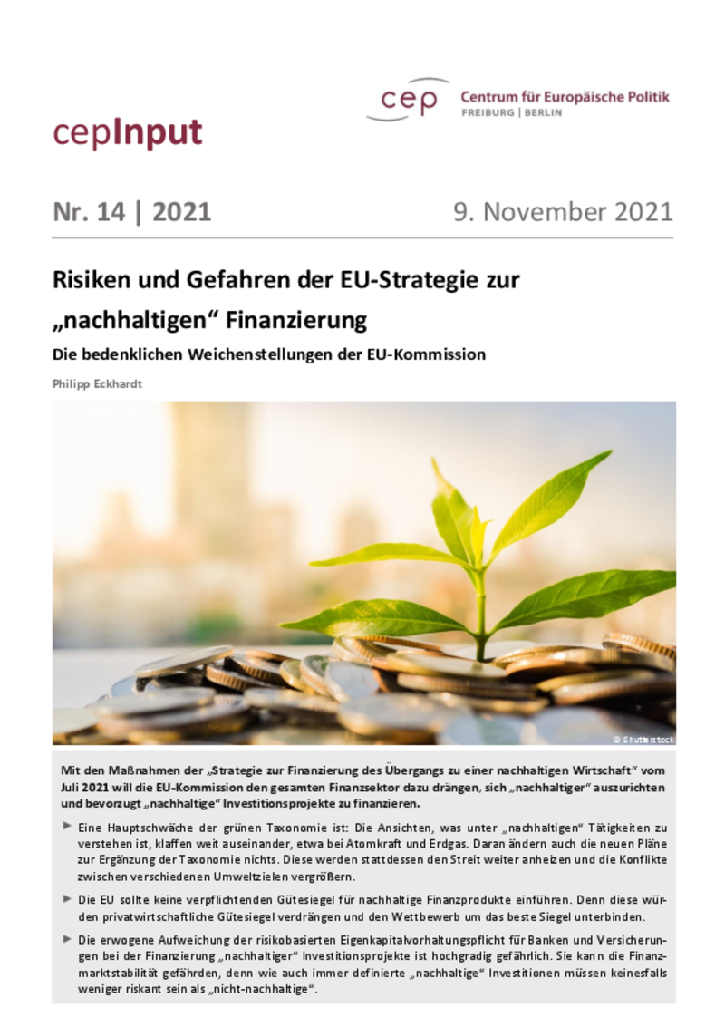 Risiken und Gefahren der EU-Strategie zur „nachhaltigen“ Finanzierung (cepInput)