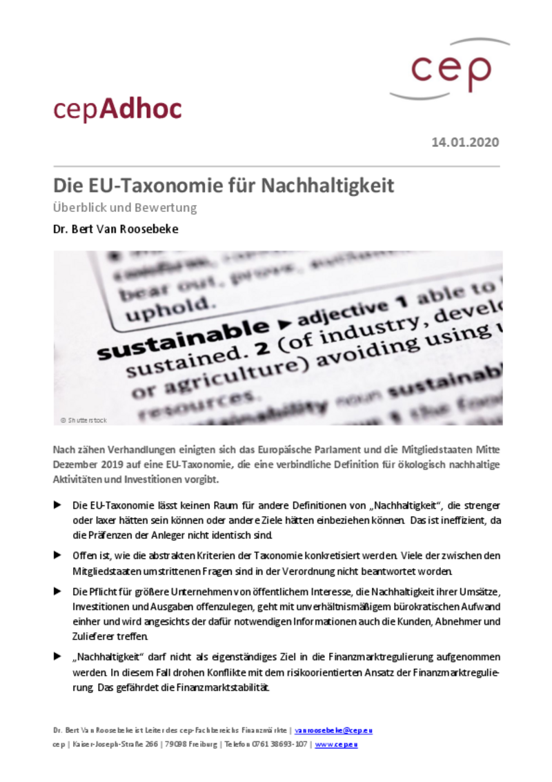 Die EU-Taxonomie für Nachhaltigkeit (cepAdhoc)
