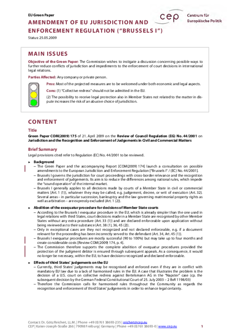 Amendment of EU Jurisdiction and Enforcement Regulation (“Brussels I” Regulation)