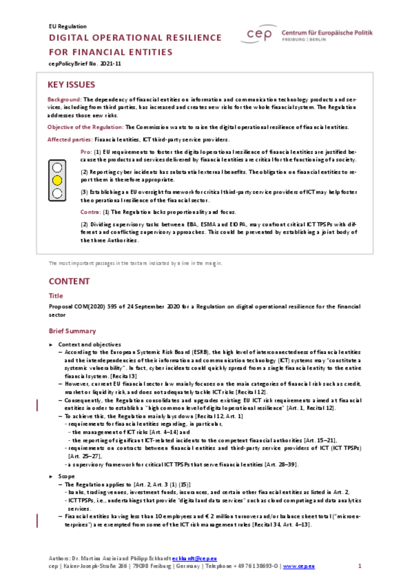 Resilienza operativa digitale per il settore finanziario (cepAnalisi della proposta UE COM(2020) 595)