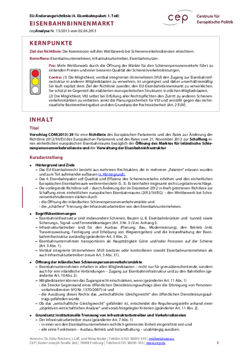 4. Eisenbahnpaket: Eisenbahnbinnenmarkt COM(2013) 29