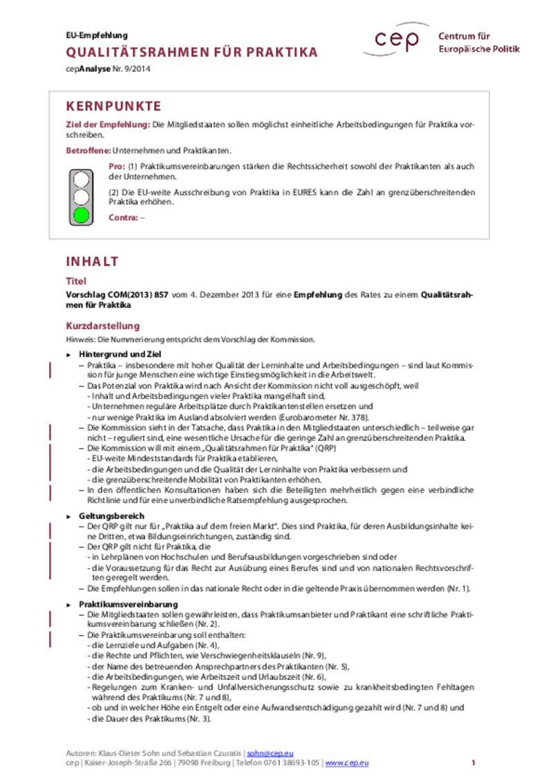 Qualitätsrahmen für Praktika COM(2013) 857