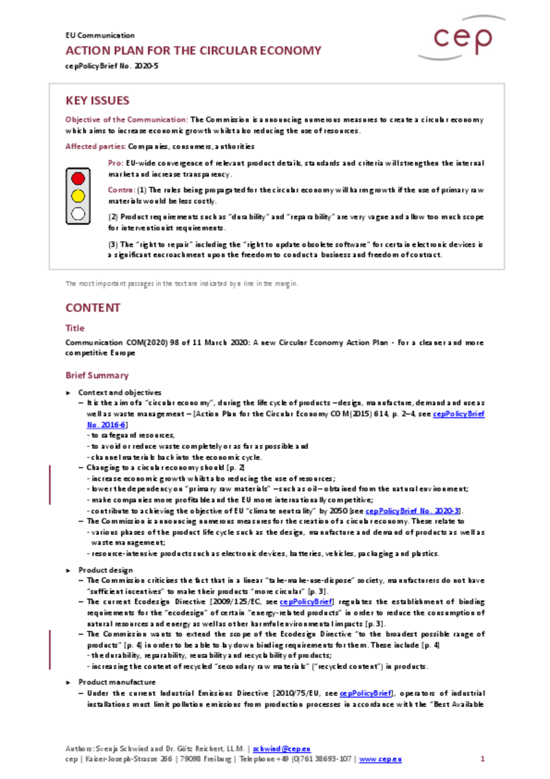 Action Plan for the Circular Economy (cepPolicyBrief on Communication COM(2020) 98)