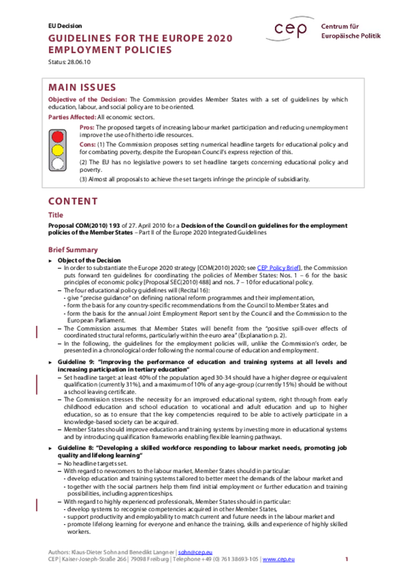 Guidelines for the Europe 2020 Employment Policies COM(2010) 193
