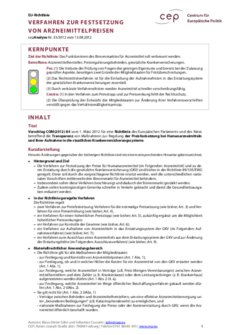 Verfahren zur Festsetzung von Arzneimittelpreisen COM(2012) 84