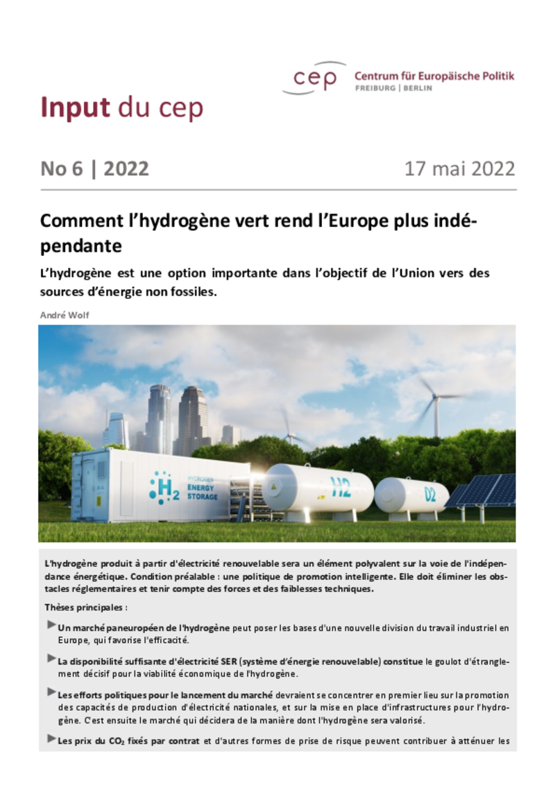 Tournant énergétique : pour le cep Fribourg/Berlin, l'hydrogène vert ne peut pas résoudre tous les problèmes