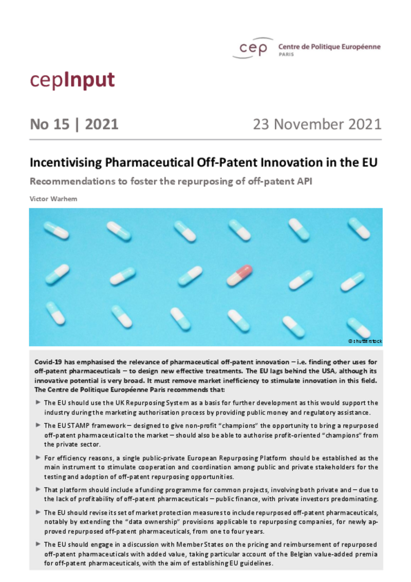 Incentivare l'innovazione farmaceutica "fuori brevetto" nell'UE (cepInput)