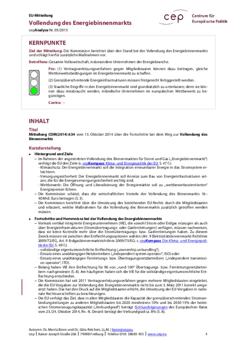 Vollendung des Energiebinnenmarkts COM(2014) 634