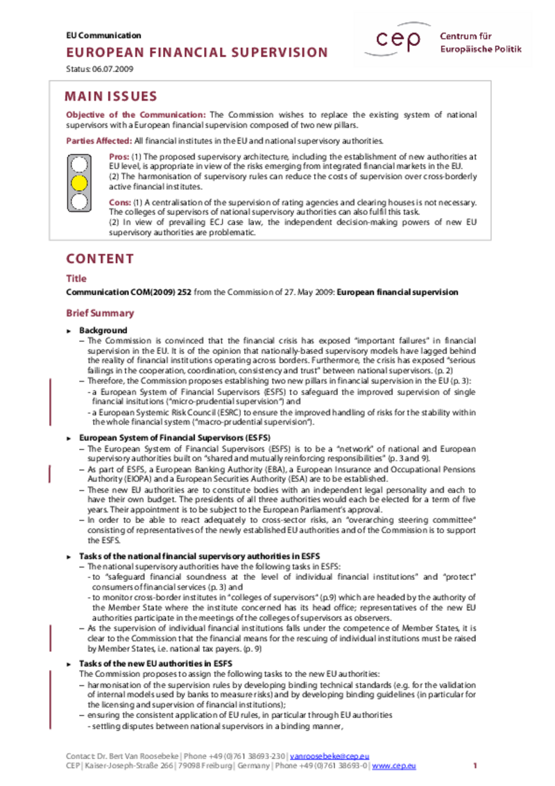 European Finanical Supervision COM(2009) 252