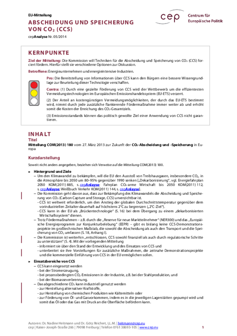Abscheidung und Speicherung von CO2 (CCS) COM(2013) 180