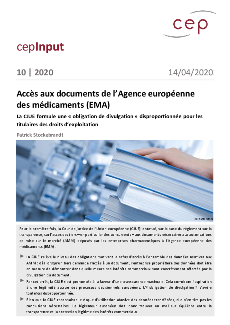 Accès aux documents de l’Agence européenne des médicaments (EMA)