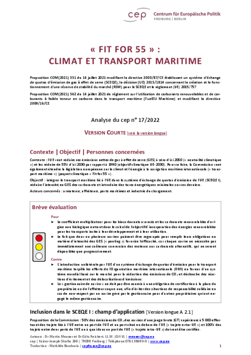 Protection du climat dans le transport maritime : le cep Berlin/Fribourg met en garde contre une intégration trop rapide du coût des émissions de gaz à effet de serre dans le commerce maritime
