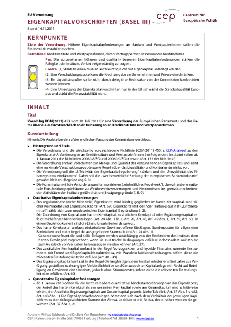 Eigenkapitalvorschriften (Basel III) KOM(2011) 452