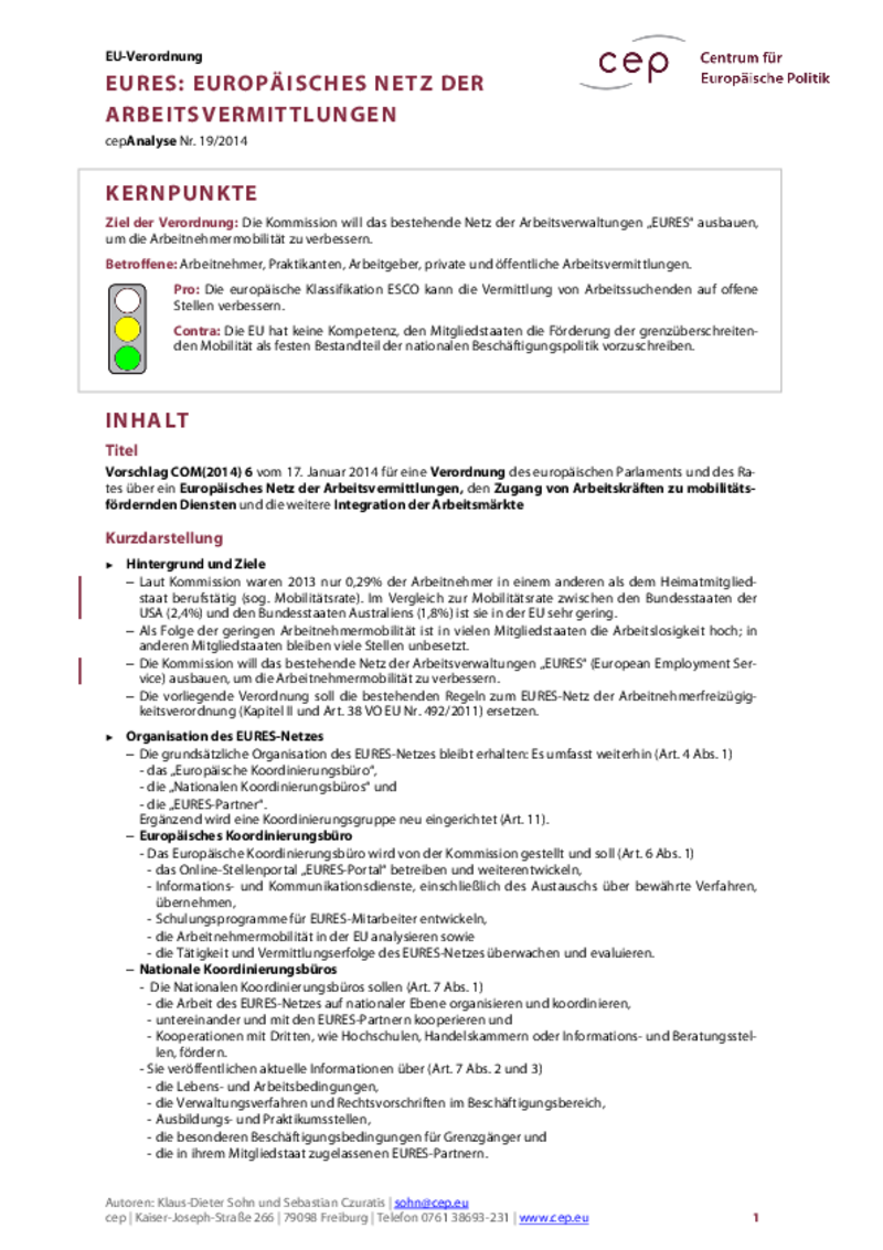 EURES: Europäisches Netz der Arbeitsvermittlungen COM(2014) 6
