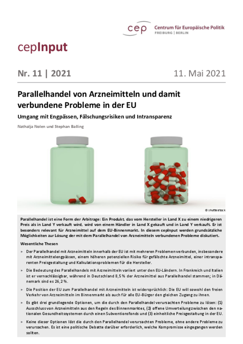 Parallelhandel von Arzneimitteln und damit verbundene Probleme in der EU (cepInput)