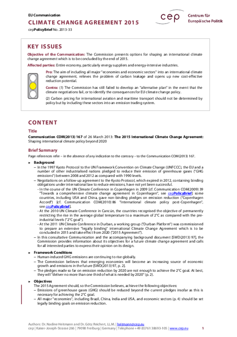 Climate Change Agreement 2015 COM(2013) 167