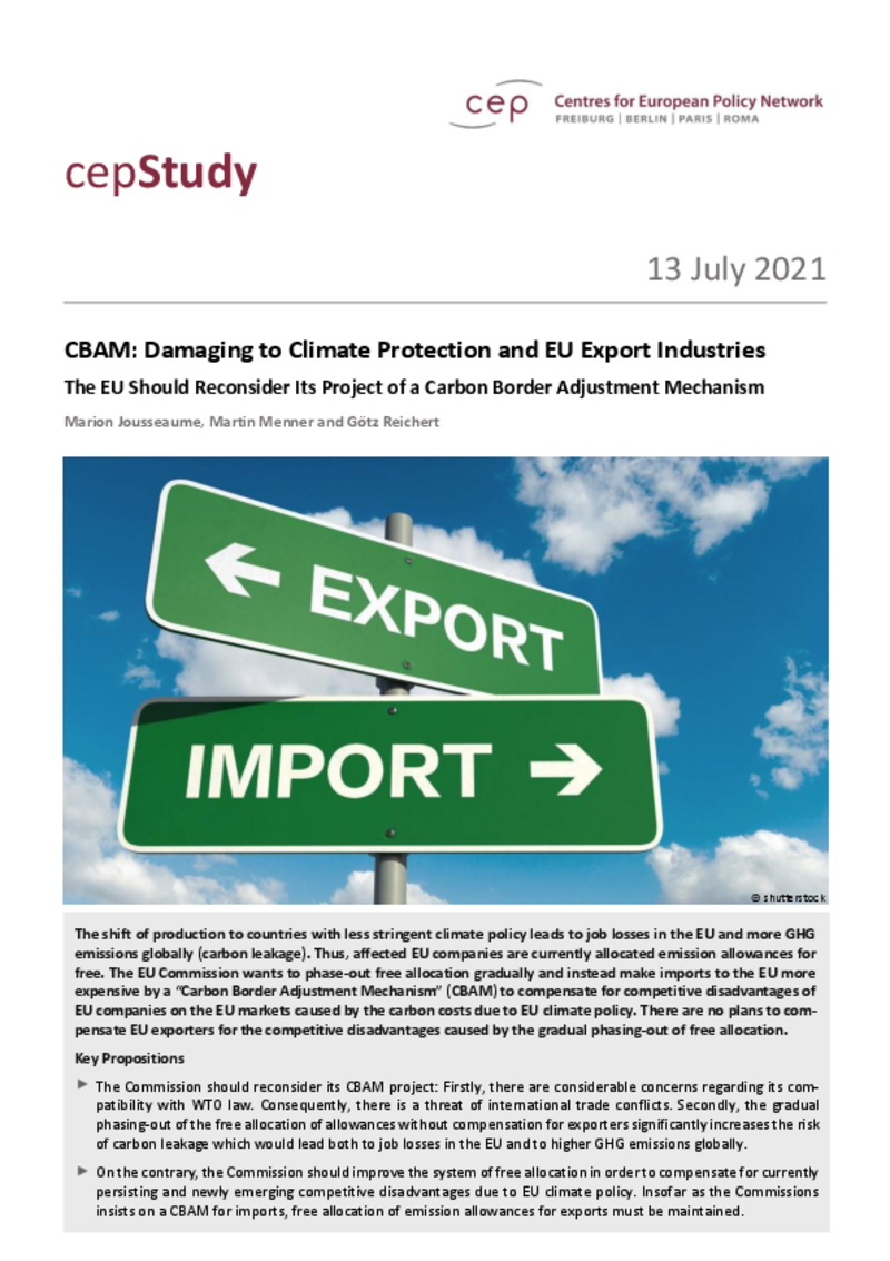 CBAM: Damaging to Climate Protection and EU Export Industries (cepStudy)