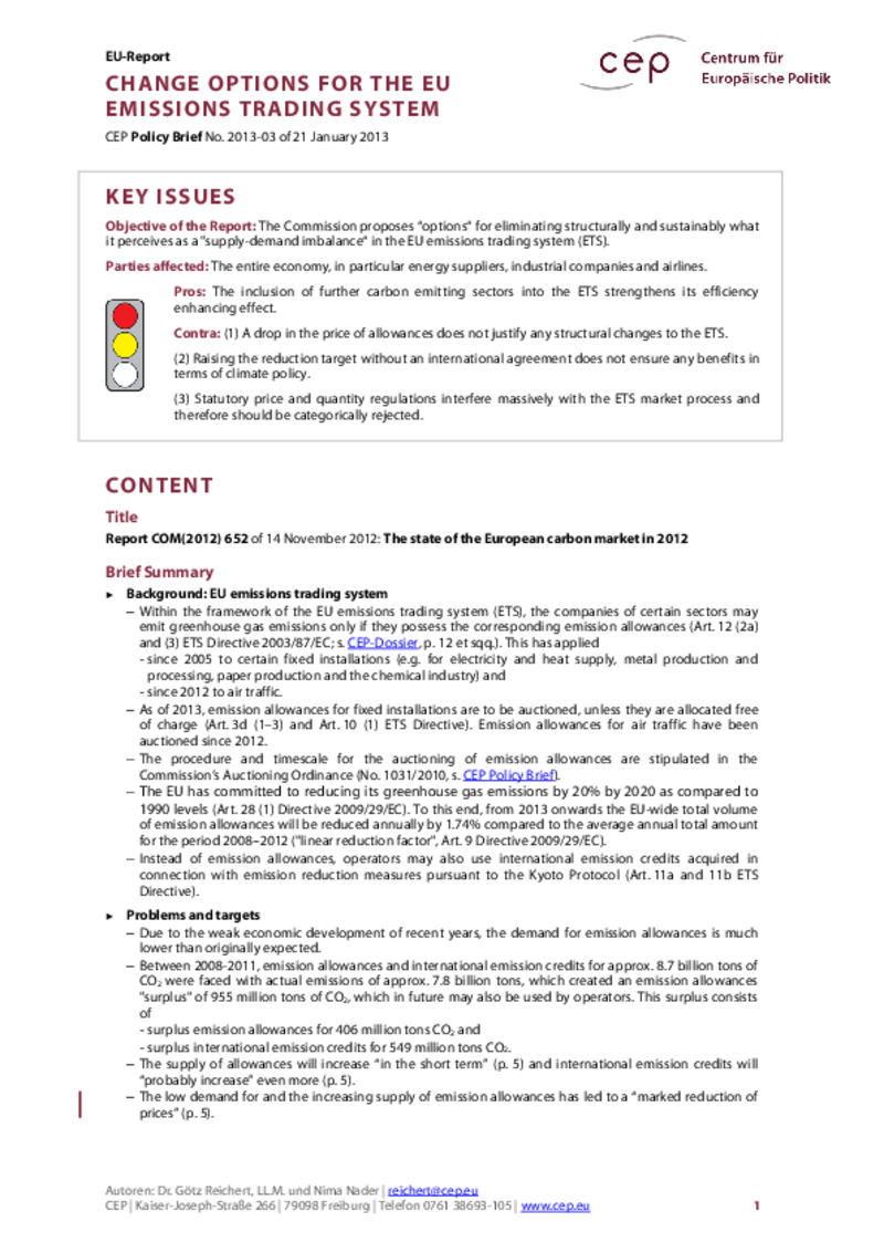 Change Options for the EU Emissions Trading System COM(2012) 652