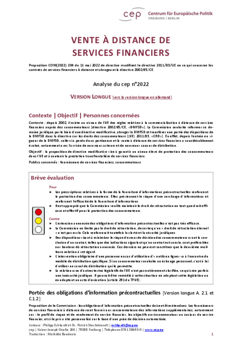 Commercialisation à distance de services financiers (analyse du cep Fribourg/Berlin sur COM(2022) 204))
