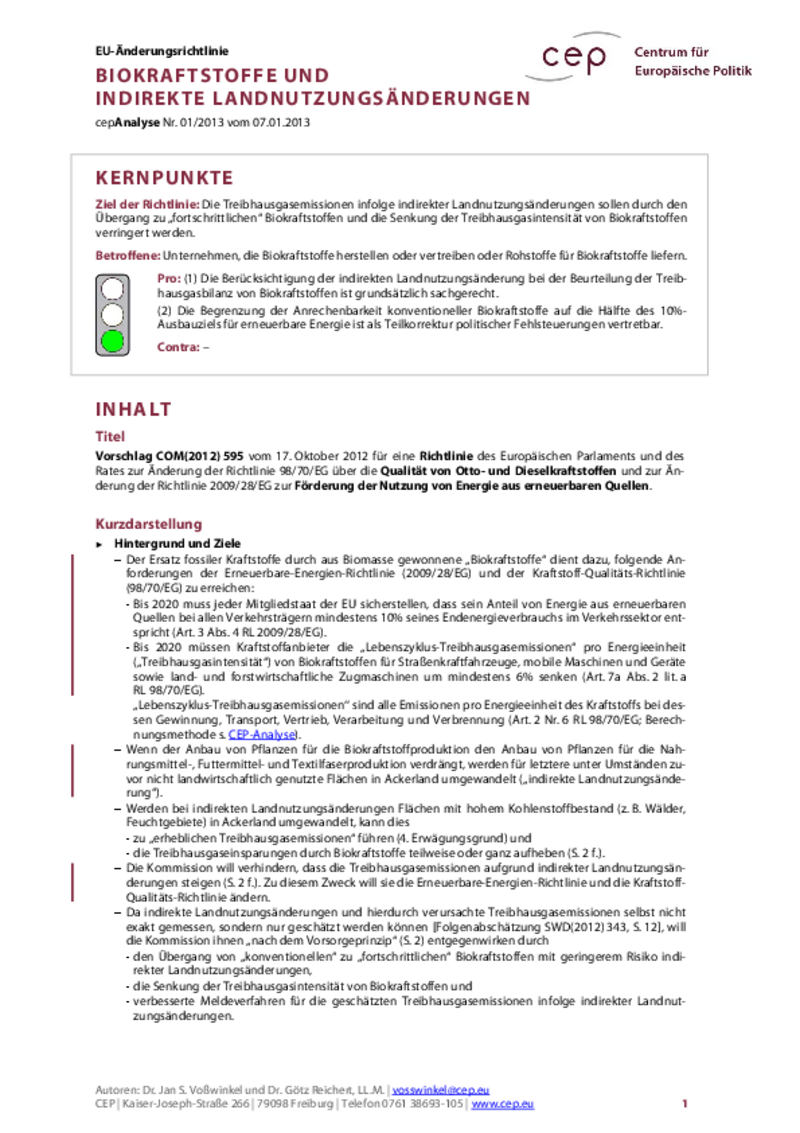 Biokraftstoffe und indirekte Landnutzungsänderungen COM(2012) 595