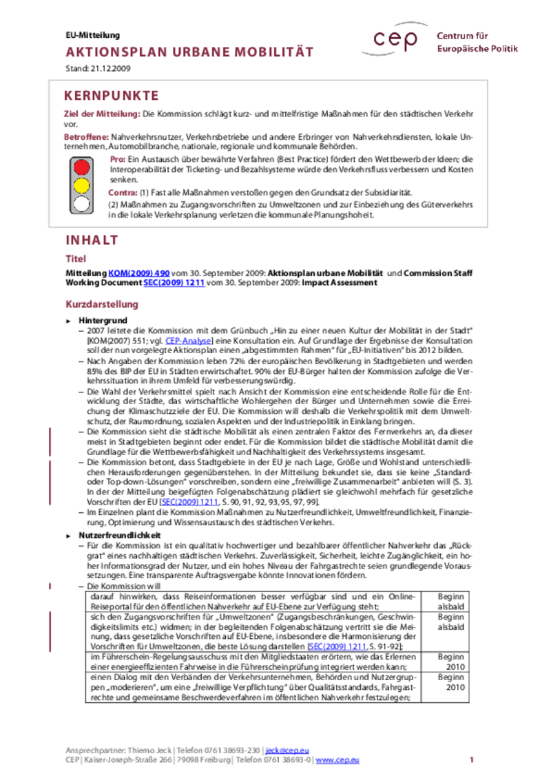 Aktionsplan urbane Mobilität KOM(2009) 490