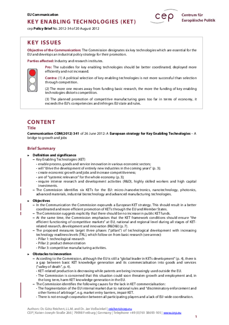 Key Enabling Technologies COM(2012) 341
