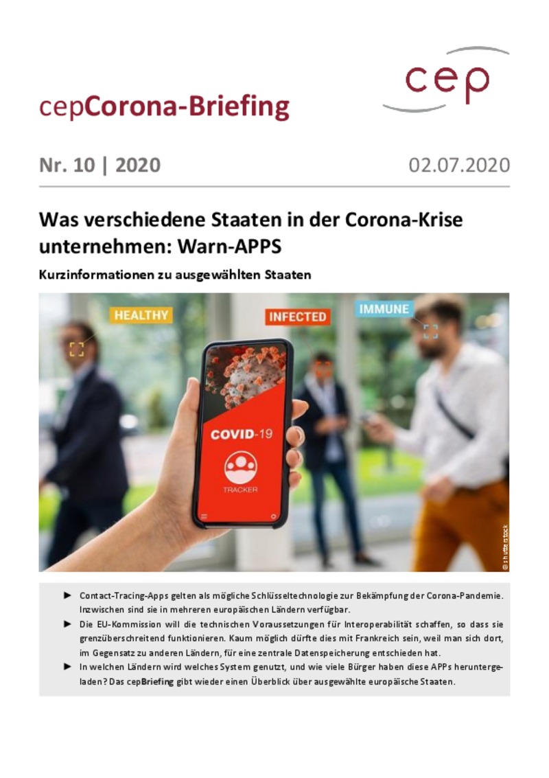 Was europäische Staaten in der Corona-Krise unternehmen: Corona-Apps (cepBriefing Nr. 10)