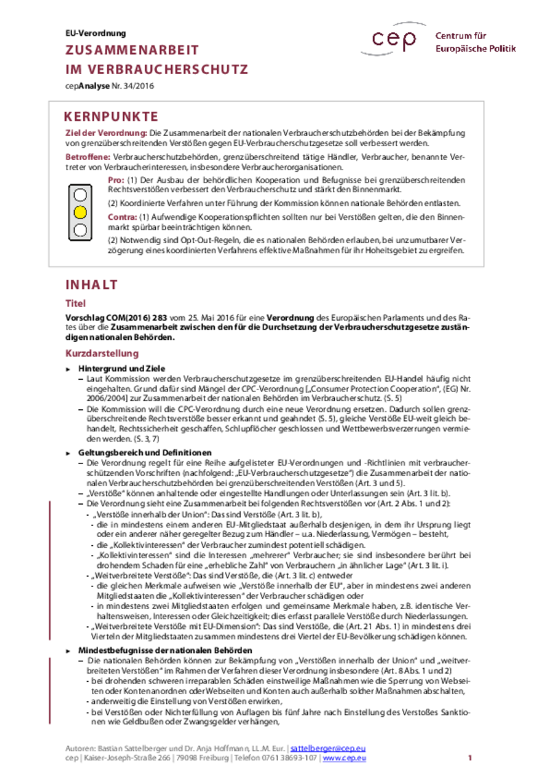 Zusammenarbeit im Verbraucherschutz COM(2016) 283