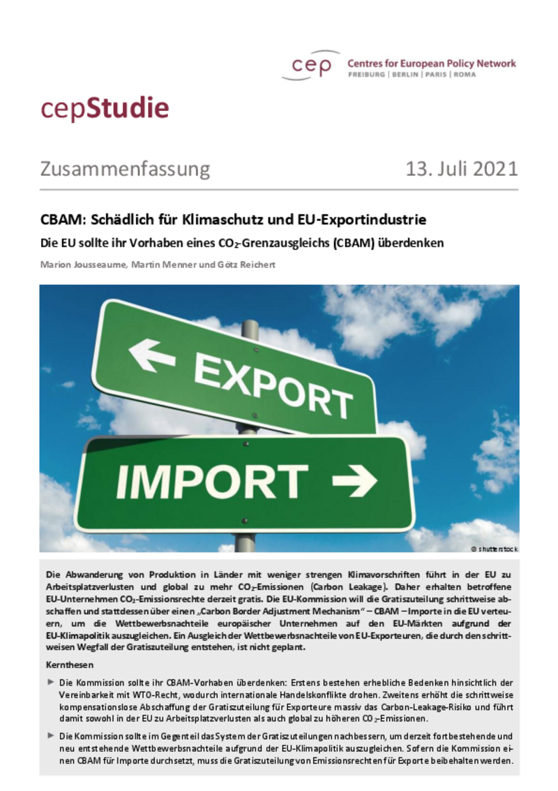 CBAM: Schädlich für Klimaschutz und EU-Exportindustrie (deutsche Zusammenfassung)