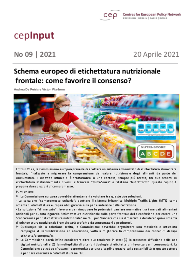 Schema europeo di etichettatura nutrizionale frontale: come favorire il consenso?