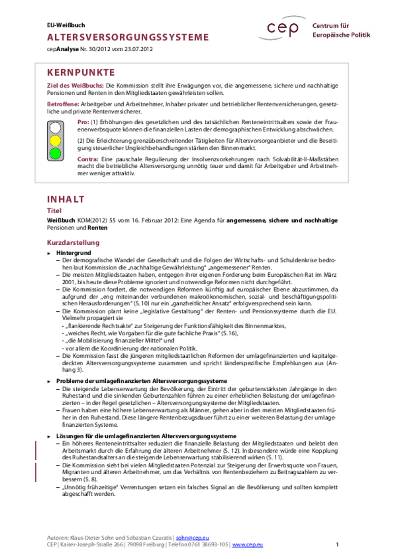 Weißbuch Altersversorgungssysteme COM(2012) 55