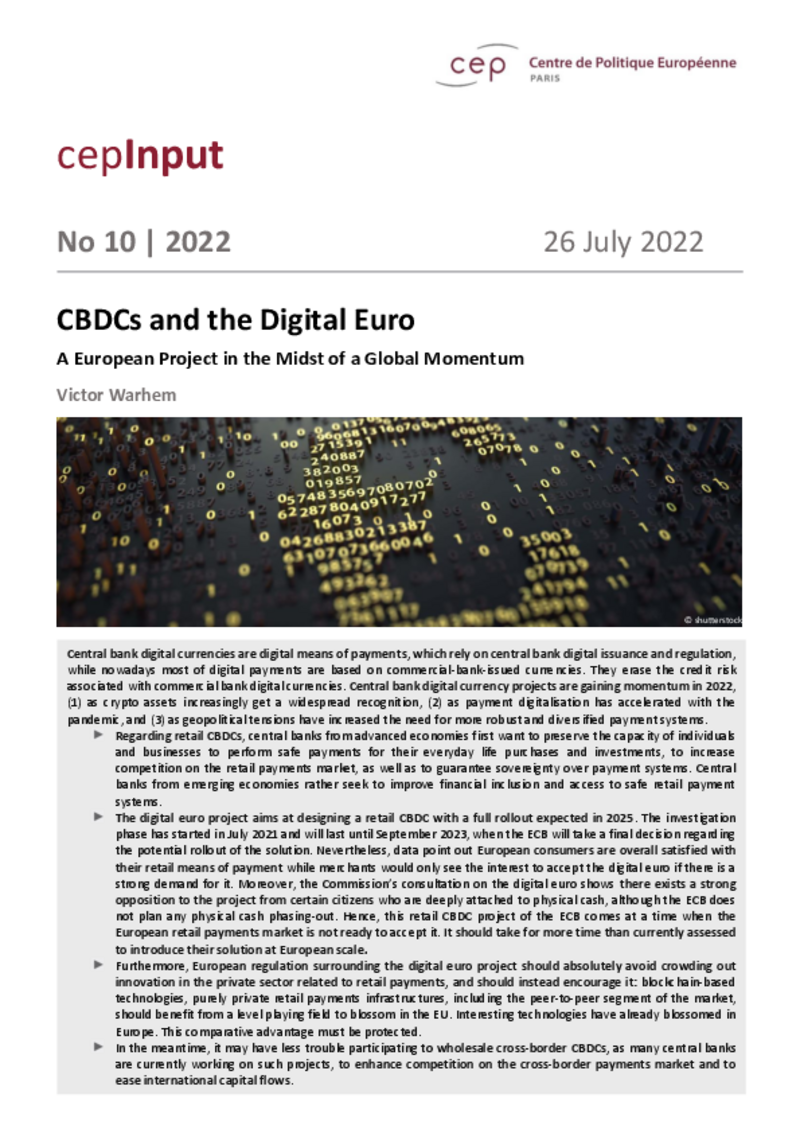 Central Bank Digital Currencies e l’Euro digitale (cepInput)