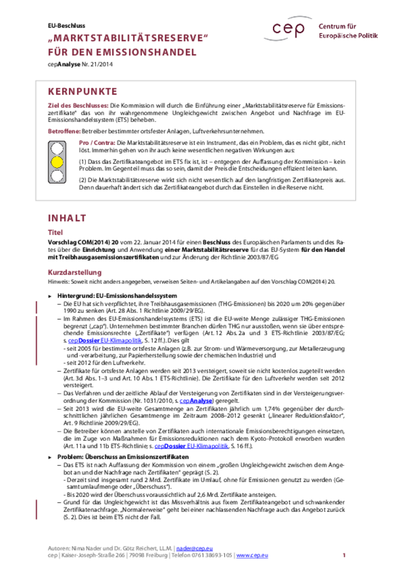 „Marktstabilitätsreserve“ für den Emissionshandel COM(2014) 20