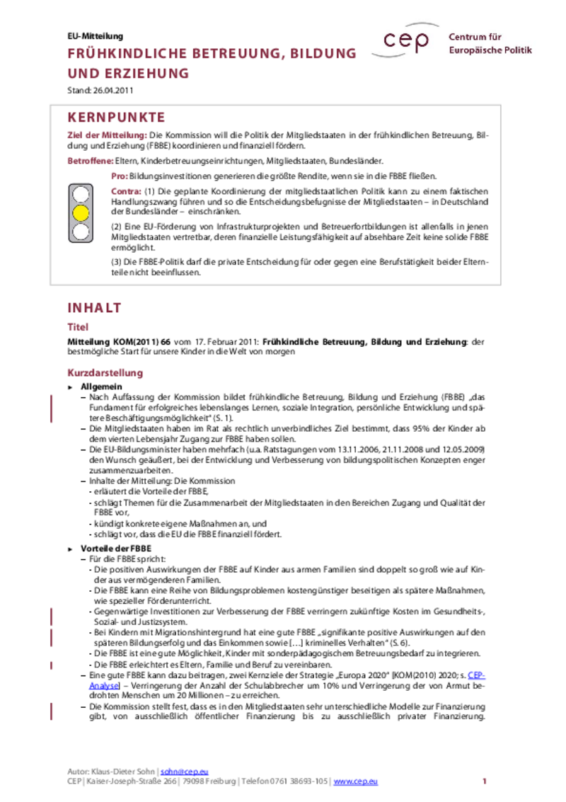 Early Childhood Education and Care COM(2011) 66 (in German only)