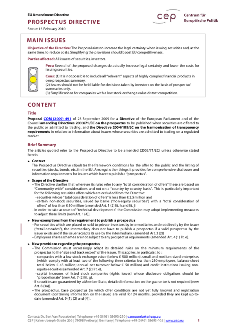 Prospectus Directive COM(2009) 491