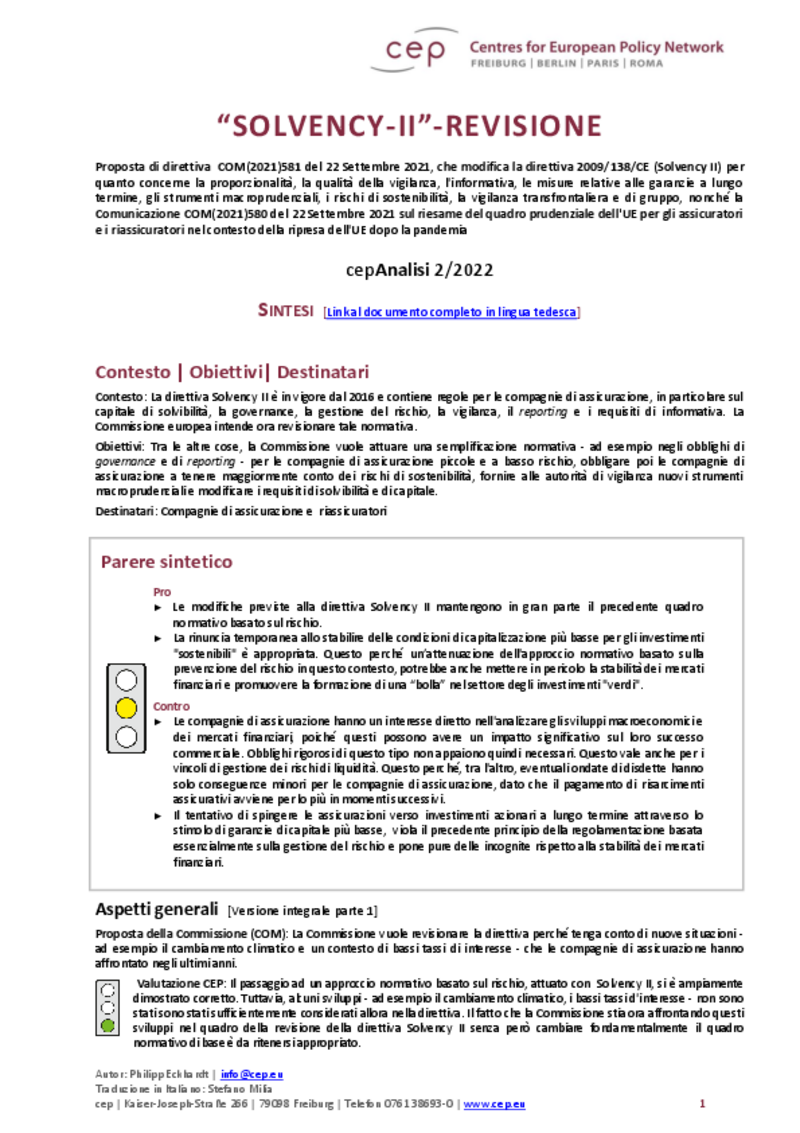 Revisione della direttiva “Solvency II” (cepAnalisi)