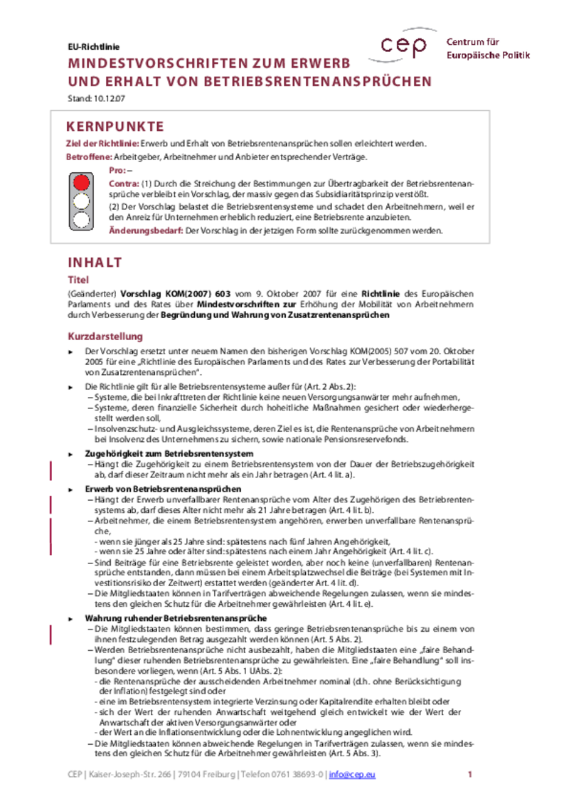 Erwerb und Erhalt von Betriebsrentenansprüchen KOM(2007) 603