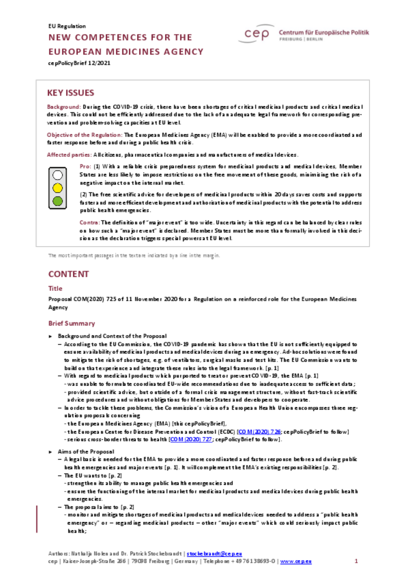 New Competences for the European Medicine Agency (cepPolicyBrief COM2020_725)