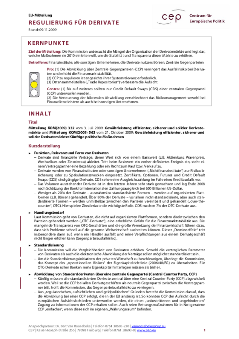 Regulierung für Derivate KOM(2009) 332