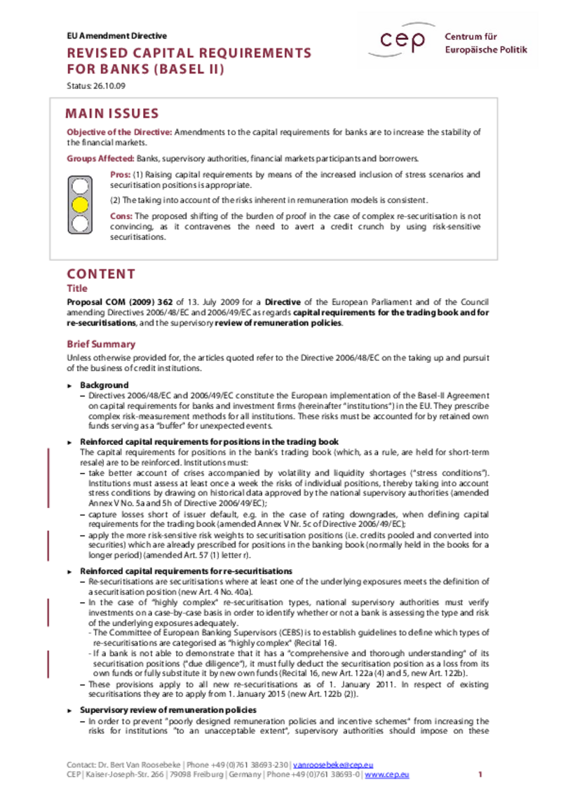 Revised Capital Requirements for Banks (Basel II) COM(2009) 362